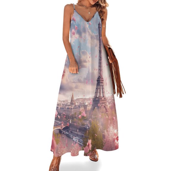 Blossoming Paris Eiffel Tower Fine Art Sleeveless Dress Summer Dress Woman 2025