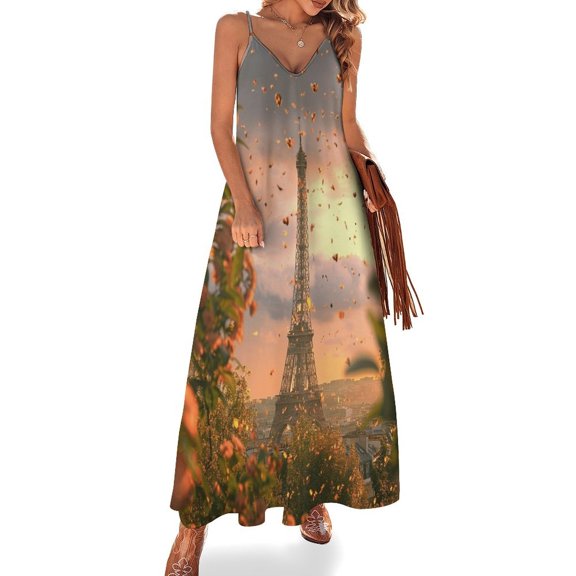 Blossoming Paris Eiffel Tower Fine Art Sleeveless Dress Summer Dress Woman 2025