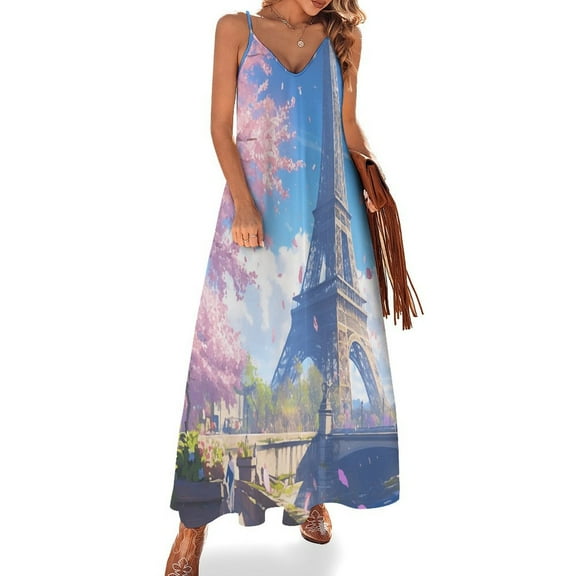 Blossoming Paris Eiffel Tower Fine Art Sleeveless Dress Summer Dress Woman 2025