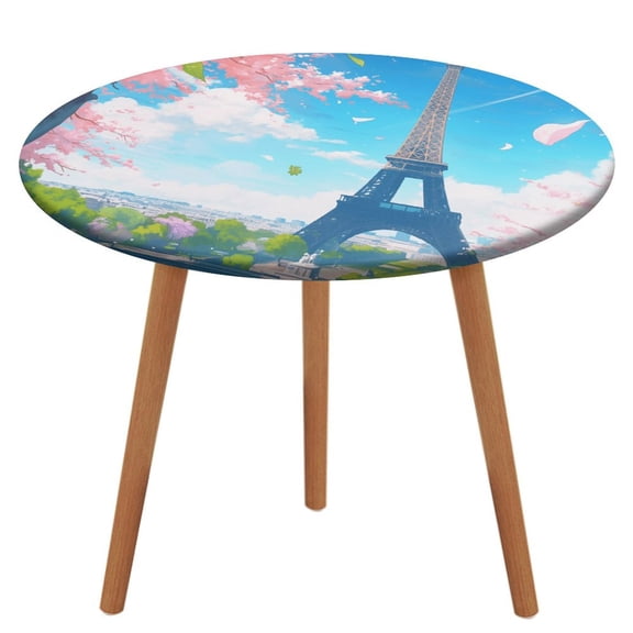 Blossoming Paris Eiffel Tower Fitted Table Cover - Waterproof Elastic Edged Tablecloth Wipeable Table Cloth for Spring Party Dinner Table Decor (Fit for 45"-54" Round Tables)