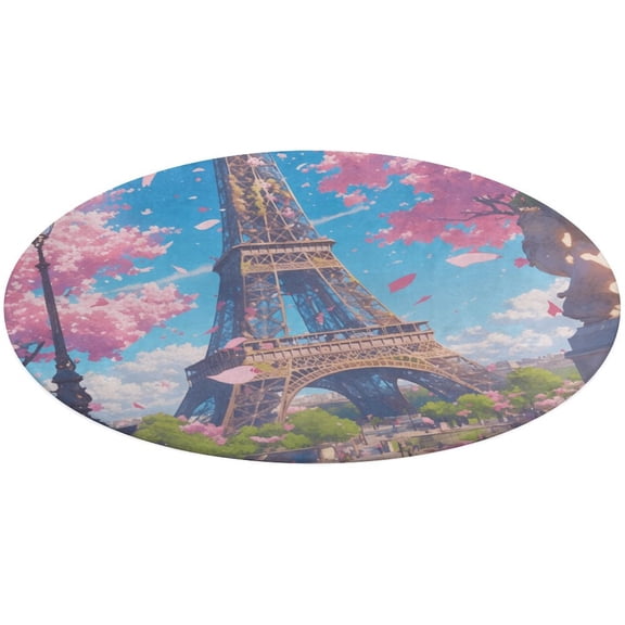 Blossoming Paris Eiffel Tower Floral Medallion Round Rug - Small Round Area Rug, Soft Non-Slip Machine Washable Bedroom Mat Indoor Accent Entry Carpet for Office Desk Dorm Hallway