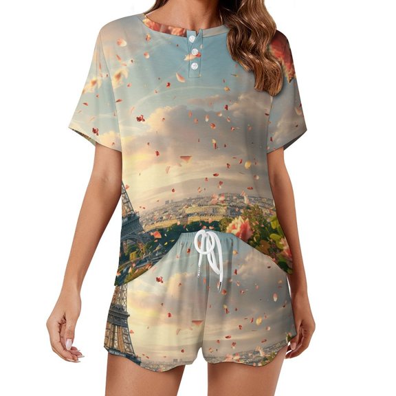 Blossoming Paris Eiffel Tower Pajama Set for Women 2 Piece Sleepwear Loungewear Short Sleeve