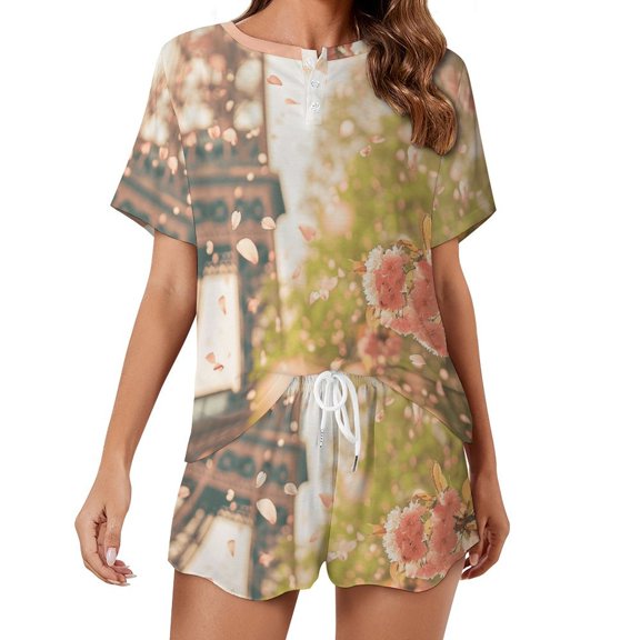 Blossoming Paris Eiffel Tower Pajama Set for Women 2 Piece Sleepwear Loungewear Short Sleeve