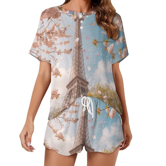 Blossoming Paris Eiffel Tower Pajamas Set Womens Loungewear Sleepwear 2 Piece PJ Sets