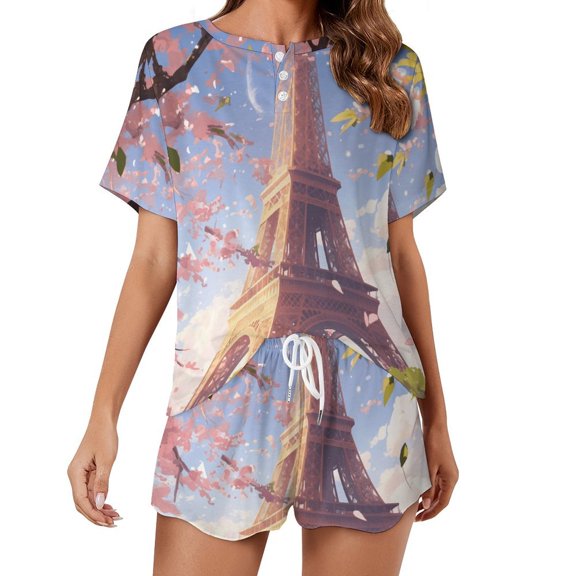 Blossoming Paris Eiffel Tower Pajamas Set Womens Loungewear Sleepwear 2 Piece PJ Sets