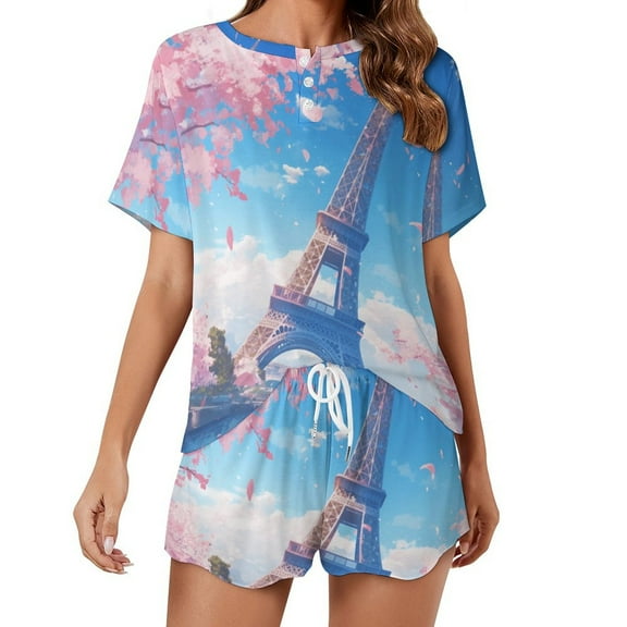 Blossoming Paris Eiffel Tower Print Women'S Pajamas Set Summer Sleepwear Sets 2 Piece Lounge Set