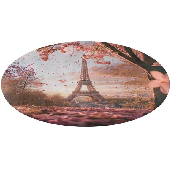 Blossoming Paris Eiffel Tower Round Rugs -Washable Non-Slip Small Round Area Rug Throw Soft Circle Rugs for Bedroom, Modern Print Indoor Carpet for Entryway Sofa Living Room