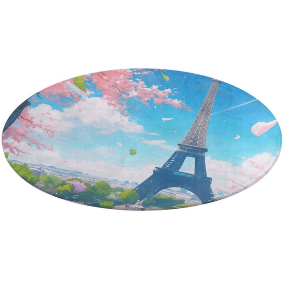 Blossoming Paris Eiffel Tower Round Small Area Rug, Print Non Slip Washable Floor Mat, Soft Throw Rug for Living Room, Powder Room Entryway, Bathroom, Bedside