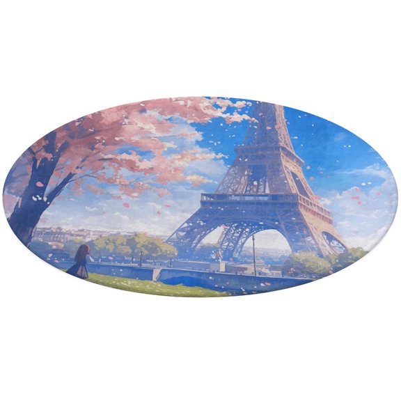Blossoming Paris Eiffel Tower Round Small Area Rug, Print Non Slip Washable Floor Mat, Soft Throw Rug for Living Room, Powder Room Entryway, Bathroom, Bedside