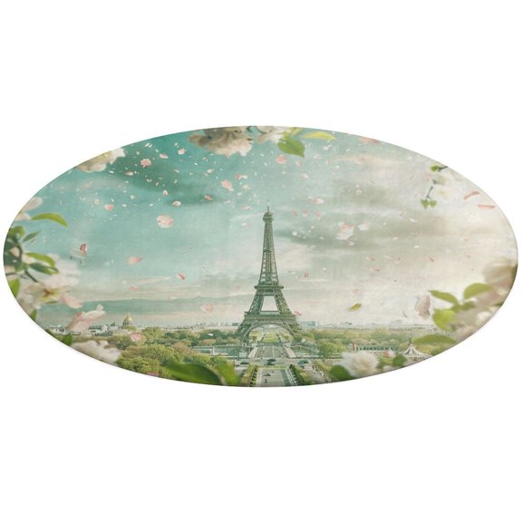 Blossoming Paris Eiffel Tower Round Small Area Rug, Print Non Slip Washable Floor Mat, Soft Throw Rug for Living Room, Powder Room Entryway, Bathroom, Bedside
