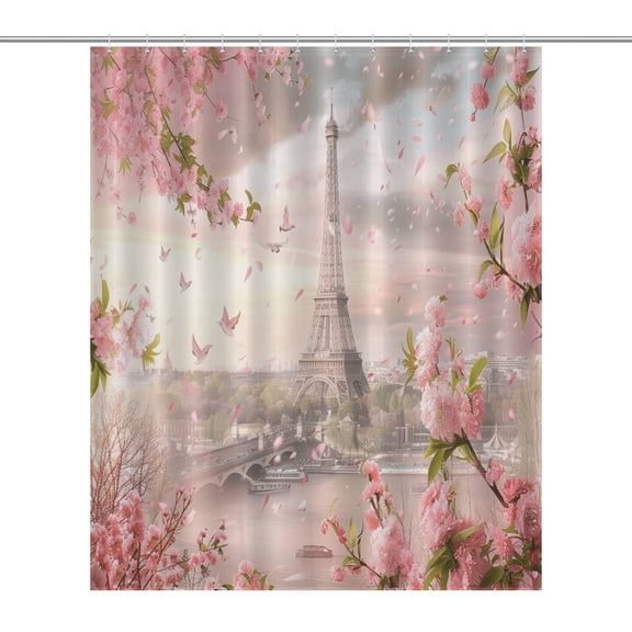 Blossoming Paris Eiffel Tower Shower Curtain Cloth Fabric Bathroom Decor with Hooks
