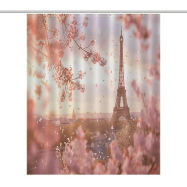 Blossoming Paris Eiffel Tower Shower Curtain Cloth Fabric Bathroom Decor with Hooks