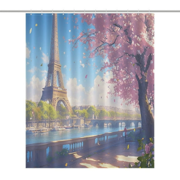Blossoming Paris Eiffel Tower Shower Curtain Fabric Bathroom Decor with Hooks