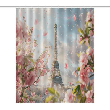 Blossoming Paris Eiffel Tower Shower Curtain Modern Home Bathroom Bathtub Decor Waterproof Fabric with 12PCS Hooks