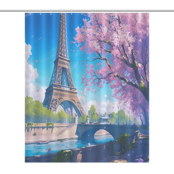 Blossoming Paris Eiffel Tower Shower Curtain Modern Home Bathroom Bathtub Decor Waterproof Fabric with 12PCS Hooks