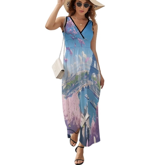 Blossoming Paris Eiffel Tower Sleeveless Dress Female Clothing Dress Women Summer 2025 Dress