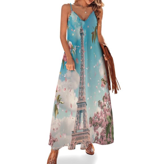 Blossoming Paris Eiffel Tower Sleeveless Dress Woman Fashion Long Dresses Women's Summer Suit Dress Summer 2025 Women
