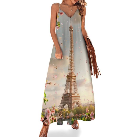 Blossoming Paris Eiffel Tower Sleeveless Dress Woman Fashion Long Dresses Women's Summer Suit Dress Summer 2025 Women