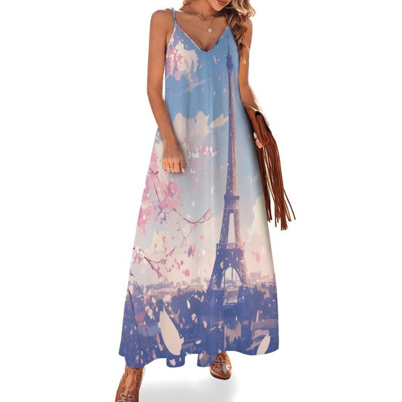 Blossoming Paris Eiffel Tower Sleeveless Dress Women's Luxury Party Dress Birthday Dresses for Women
