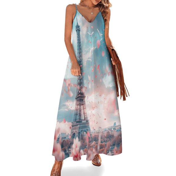 Blossoming Paris Eiffel Tower Sleeveless Dress Women's Luxury Party Dress Birthday Dresses for Women