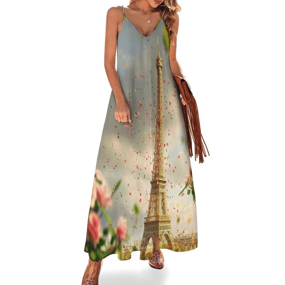 Blossoming Paris Eiffel Tower Sleeveless Dress for Women Clothing Female Women's Summer Skirt