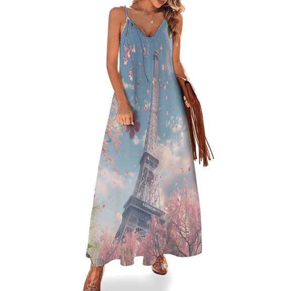Blossoming Paris Eiffel Tower Sleeveless Dress for Women Clothing Female Women's Summer Skirt