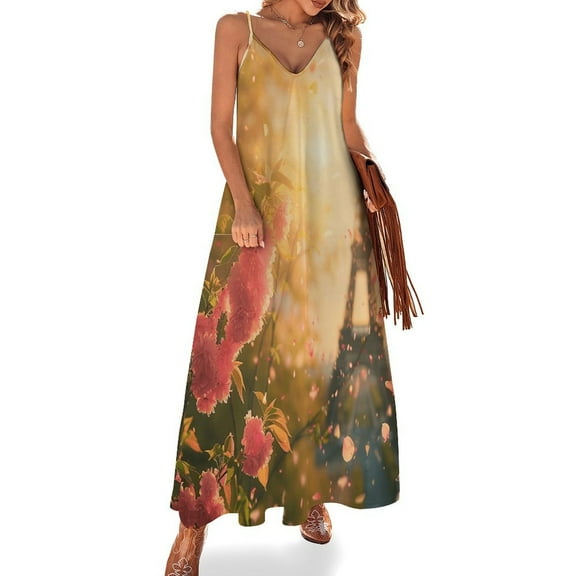 Blossoming Paris Eiffel Tower Sleeveless Dress for Women Clothing Female Women's Summer Skirt