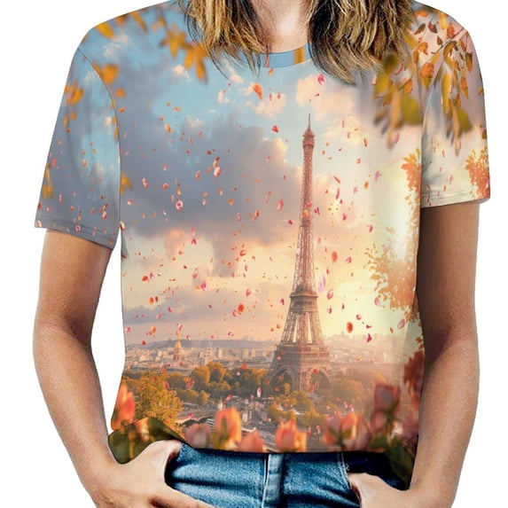 Blossoming Paris Eiffel Tower T Shirts Basic T-Shirt Short Sleeve Ladies Tee Shirt Summer Graphic Clothing