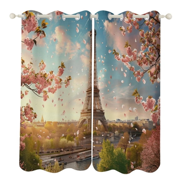 Blossoming Paris Eiffel Tower Window Curtains for Bedroom Colorful Printed Window Drapes Blackout Thermal Insulated Grommet Window Treatment 2 Panels Set
