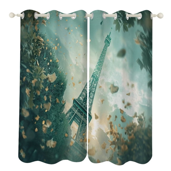 Blossoming Paris Eiffel Tower Window Curtains for Bedroom Colorful Printed Window Drapes Blackout Thermal Insulated Grommet Window Treatment 2 Panels Set