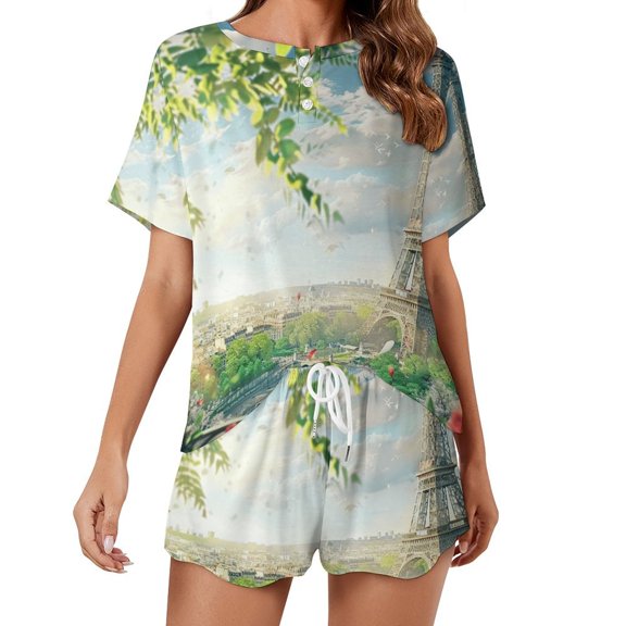 Blossoming Paris Eiffel Tower Women's Ruffle Short Sleeve Tops And Shorts Cute Peeps Bunny Pajamas Sets
