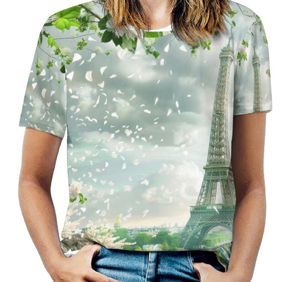 Blossoming Paris Eiffel Tower Women's Short Sleeve T-Shirt Crew Neck Casual Summer Trendy Loose Fit Tops