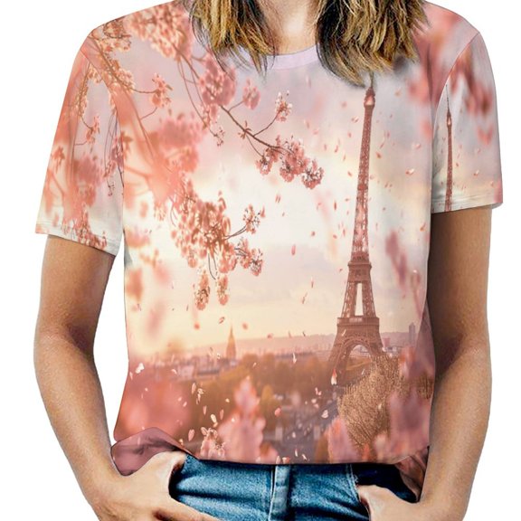 Blossoming Paris Eiffel Tower Women's Short Sleeve T-Shirt Crew Neck Casual Summer Trendy Loose Fit Tops