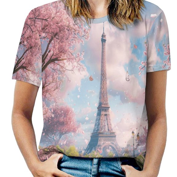 Blossoming Paris Eiffel Tower Women's Short Sleeve T-Shirt Crew Neck Casual Summer Trendy Loose Fit Tops