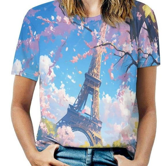 Blossoming Paris Eiffel Tower Women's Short Sleeve T-Shirt Crew Neck Casual Summer Trendy Loose Fit Tops