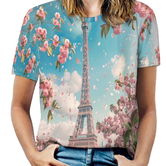 Blossoming Paris Eiffel Tower Women's Short Sleeve Tops Casual Blouses T Shirt