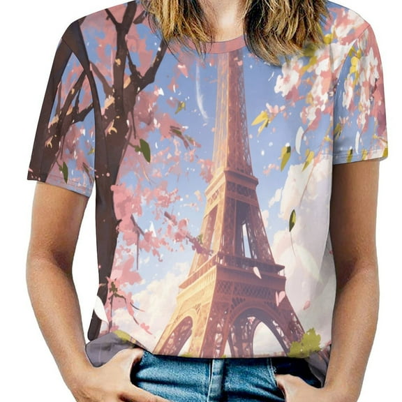 Blossoming Paris Eiffel Tower Women's T-Shirt Short Sleeve T Shirts Tops Tee Ladies Loose T