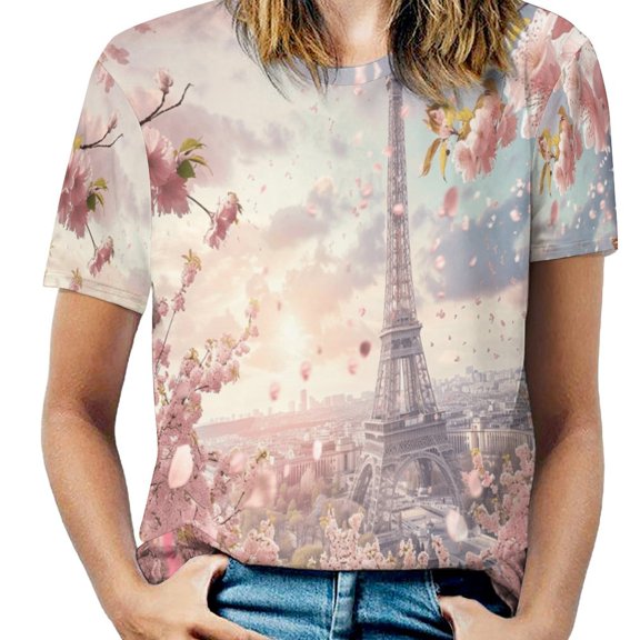 Blossoming Paris Eiffel Tower Women's T-Shirt Short Sleeve T Shirts Tops Tee Ladies Loose T
