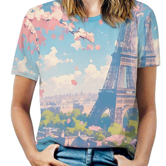 Blossoming Paris Eiffel Tower Women's T-Shirt Short Sleeve T Shirts Tops Tee Ladies Loose T