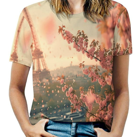 Blossoming Paris Eiffel Tower Womens Tops Women's Fashion Casual Short Sleeve Flower Print Round Neck Pullover Top Blouse