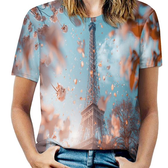 Blossoming Paris Eiffel Tower Womens Tops Women's Fashion Casual Short Sleeve Flower Print Round Neck Pullover Top Blouse