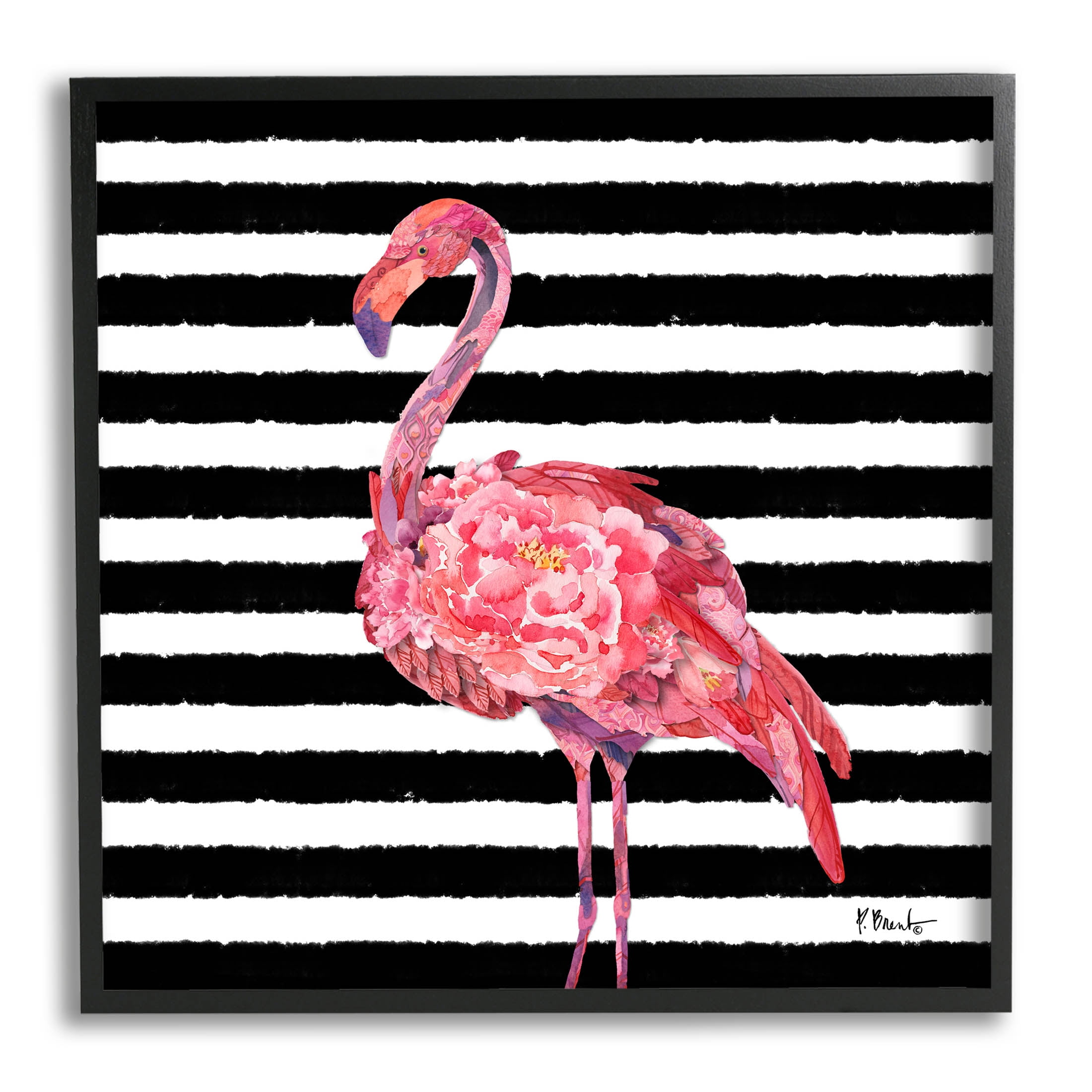 Blossoming Pink Flamingo Stripes Animals & Insects Graphic Art Black Framed Art Print Wall Art