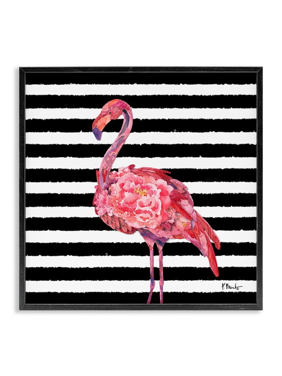 Industries Tropical Blossoming Pink Flamingo Stripes Black Framed Giclee Art, 12 x 12, by Paul Brent