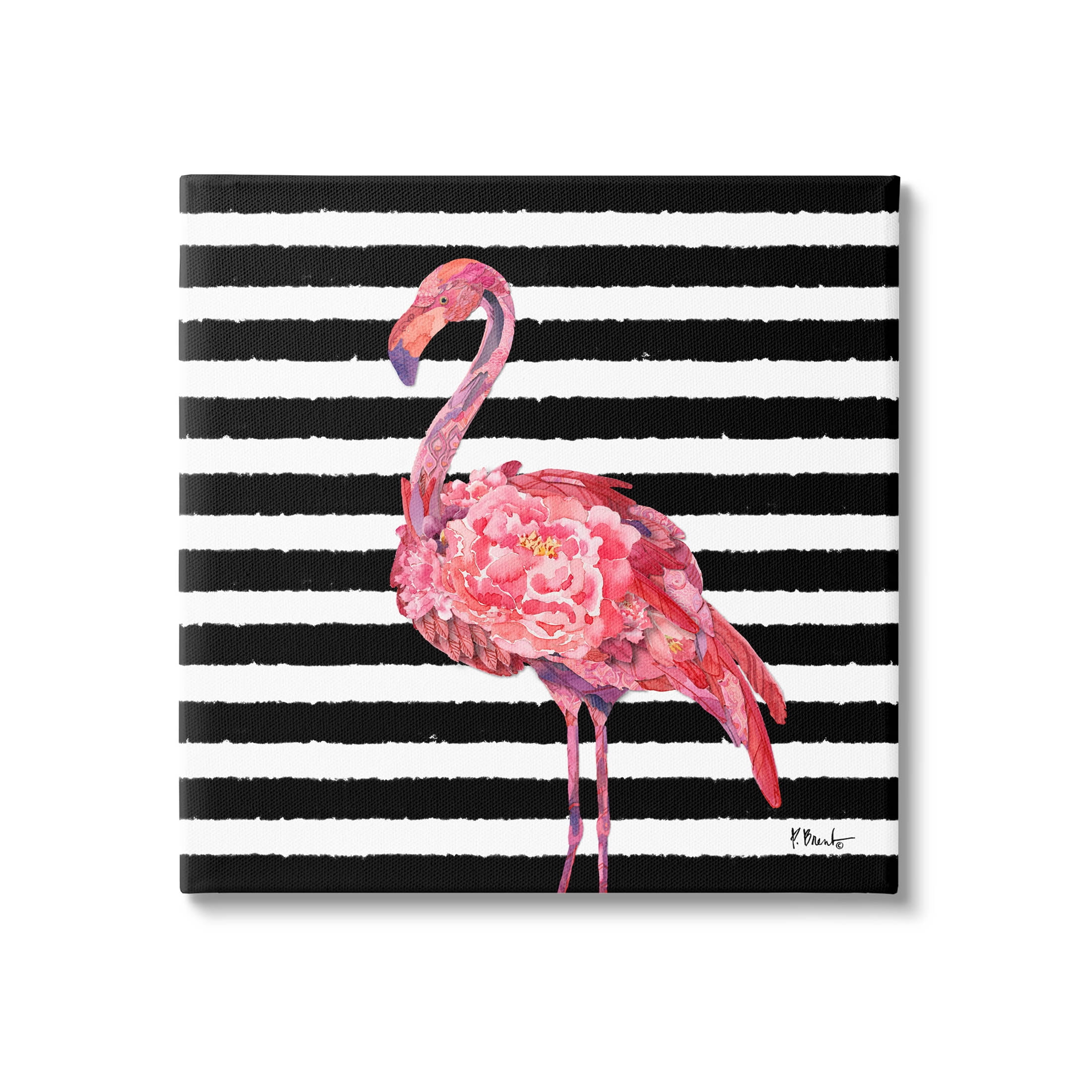Blossoming Pink Flamingo Stripes Canvas Wall Art, 24" x 24"