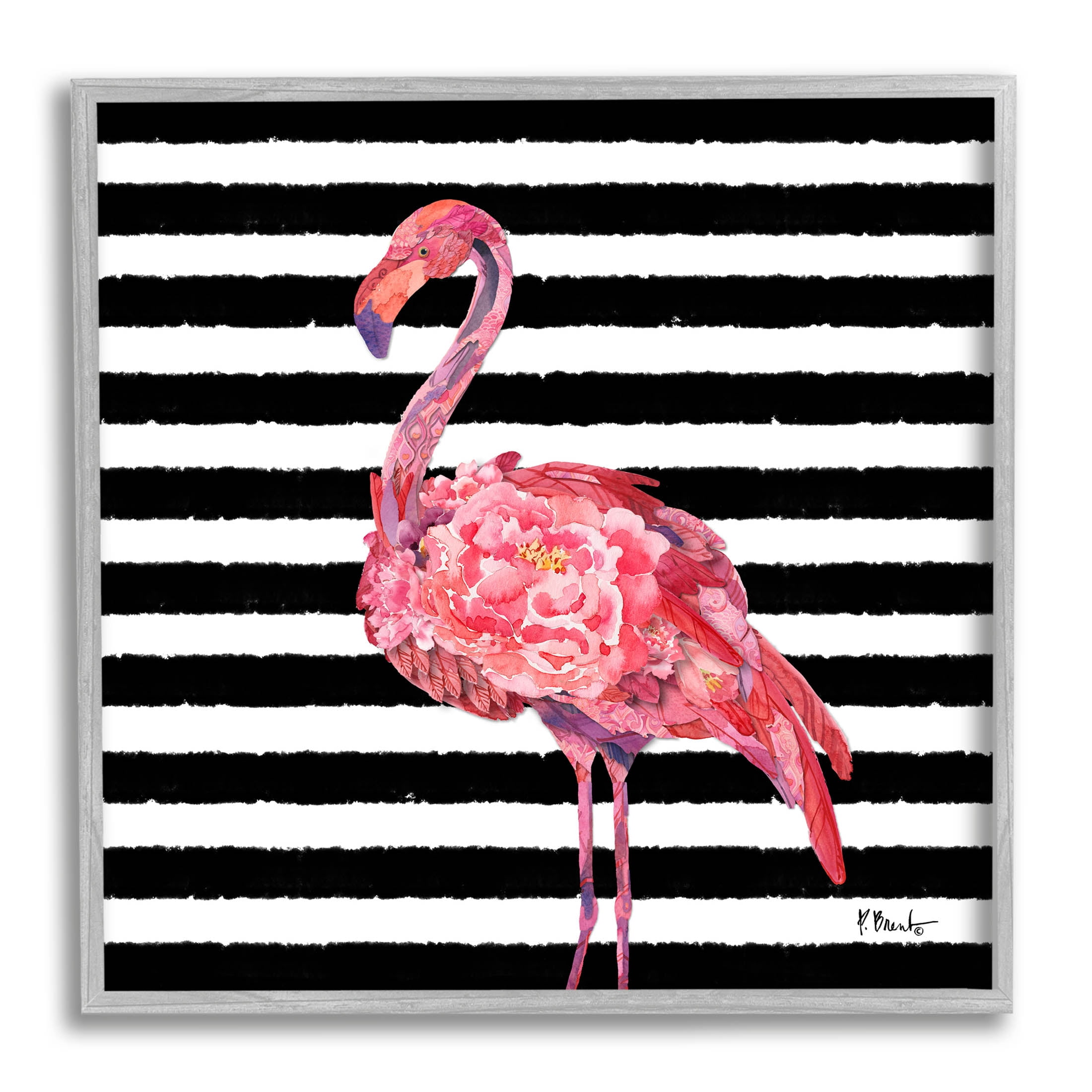Blossoming Pink Flamingo Stripes Animals & Insects Graphic Art Gray Framed Art Print Wall Art