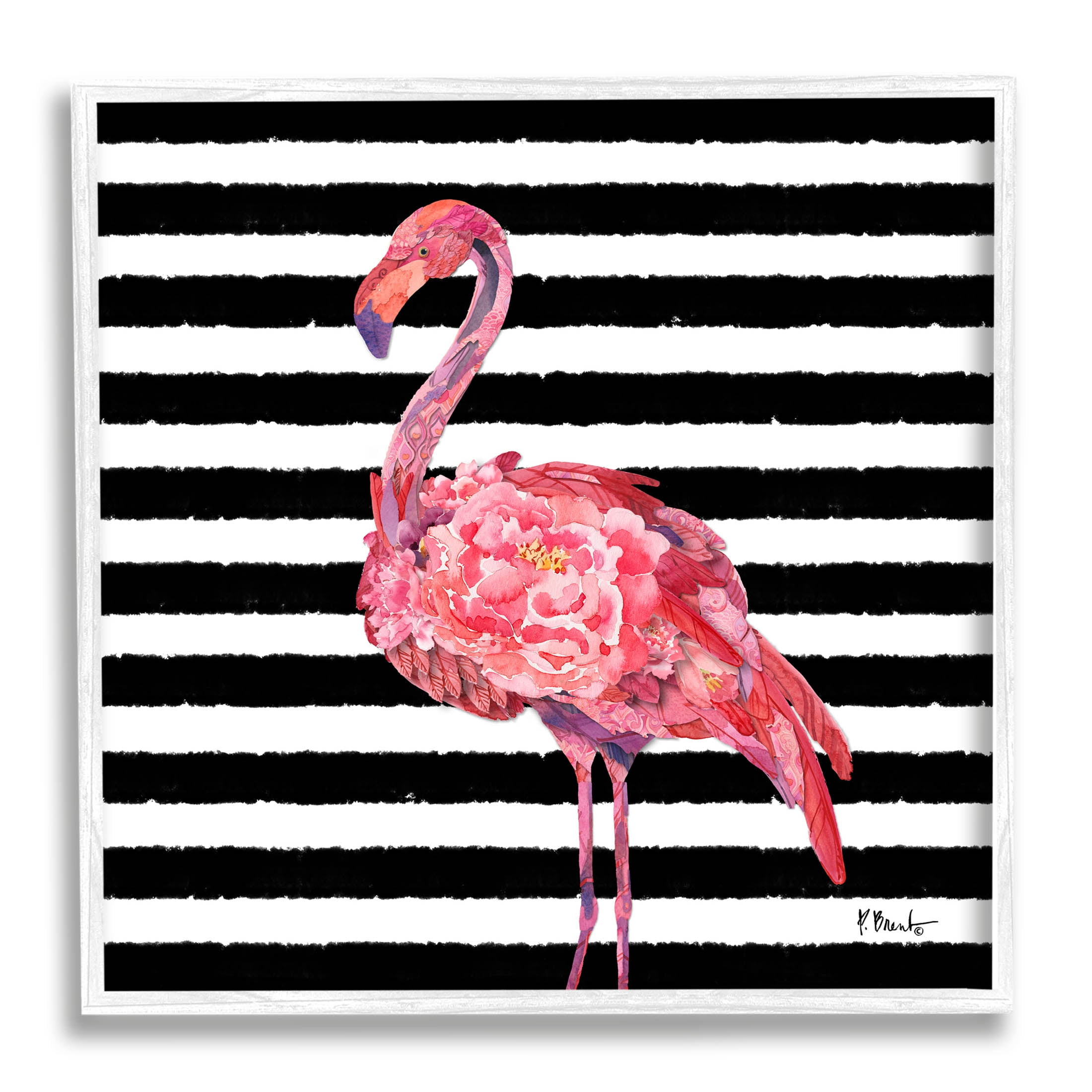 Pink Flamingo on Black and White Striped Canvas Art Print