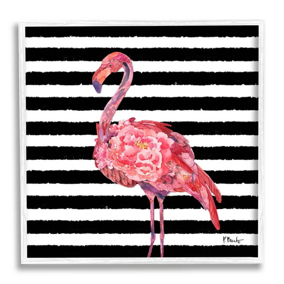 Blossoming Pink Flamingo Stripes Animals & Insects Graphic Art White Framed Art Print Wall Art
