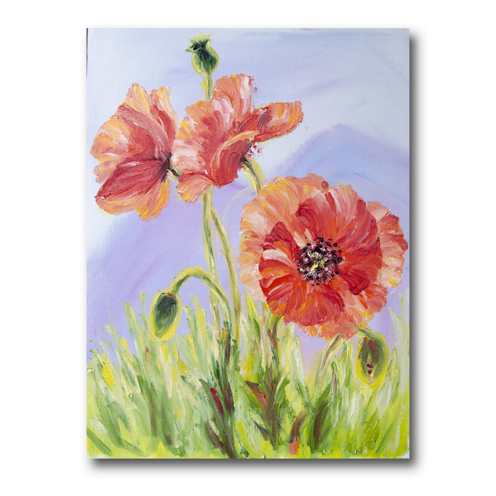Blossoming Poppies At Dawn 12 in x 8 in Painting Canvas Art Print, by Designart