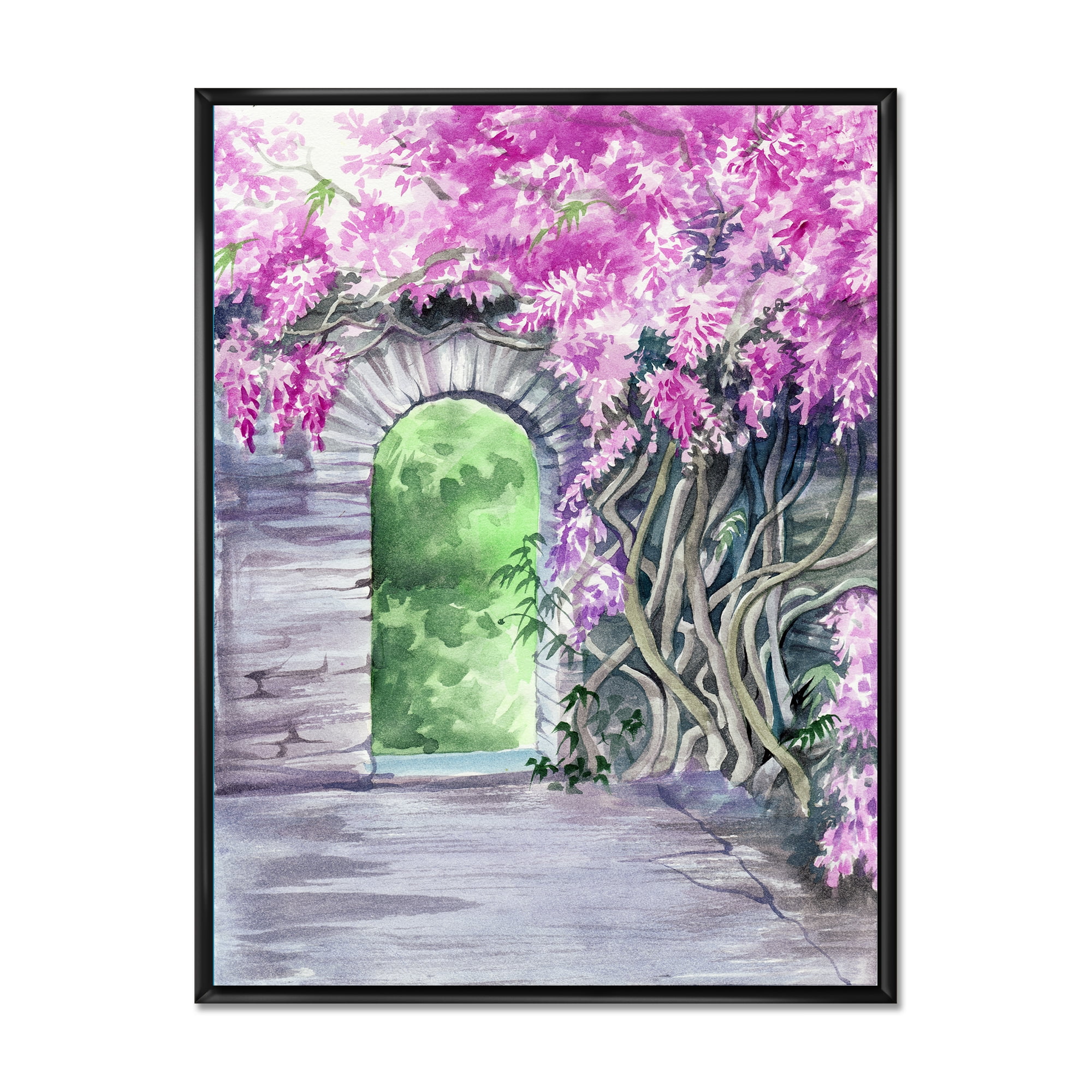 Blossoming Purple Wisteria Garden Over The Wall 30 in x 40 in Framed Painting Canvas Art Print, by Designart