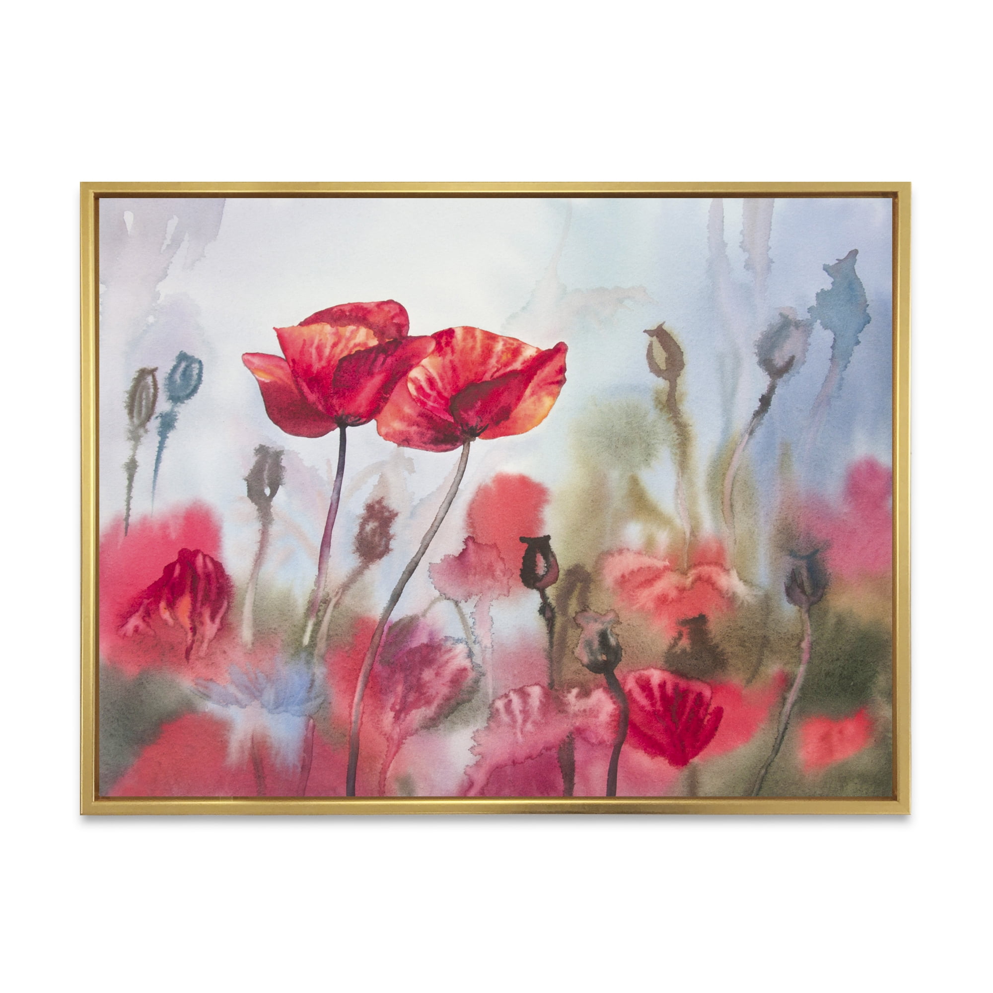 Blossoming Red Poppies In The Meadow 20 in x 12 in Framed Painting Canvas Art Print, by Designart